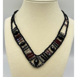 Chico's Beaded Choker Collar Necklace Black Red Purple V Neck Statement Bib